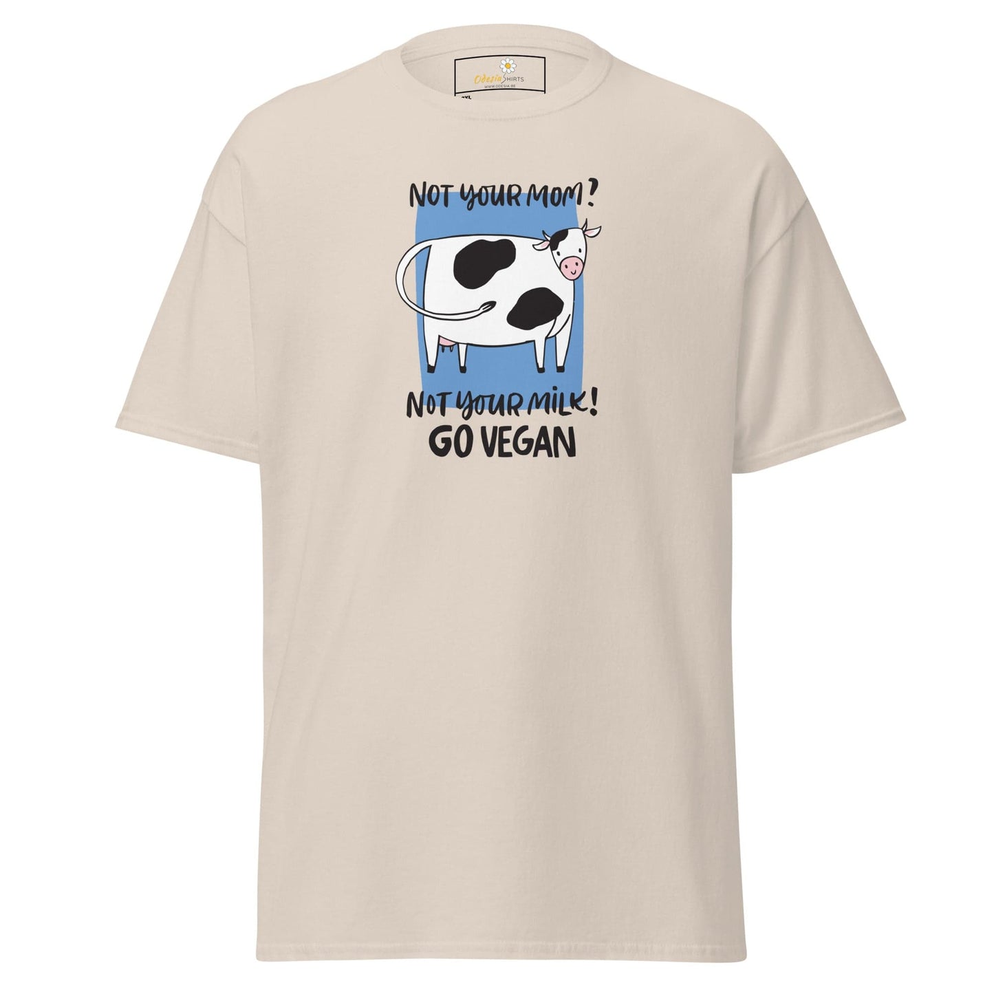 Beige t-shirt with a cow graphic.