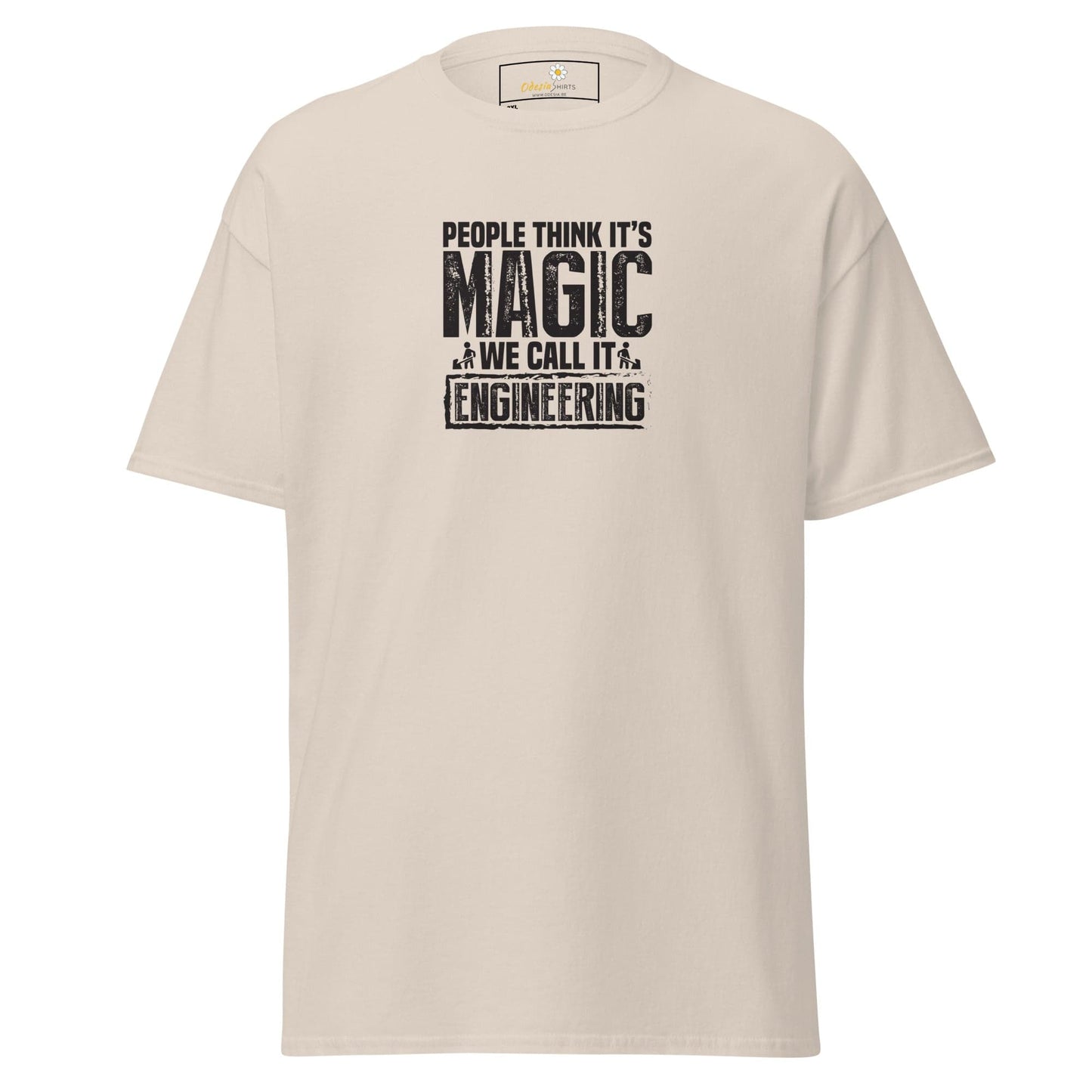 Beige t-shirt with engineering slogan.