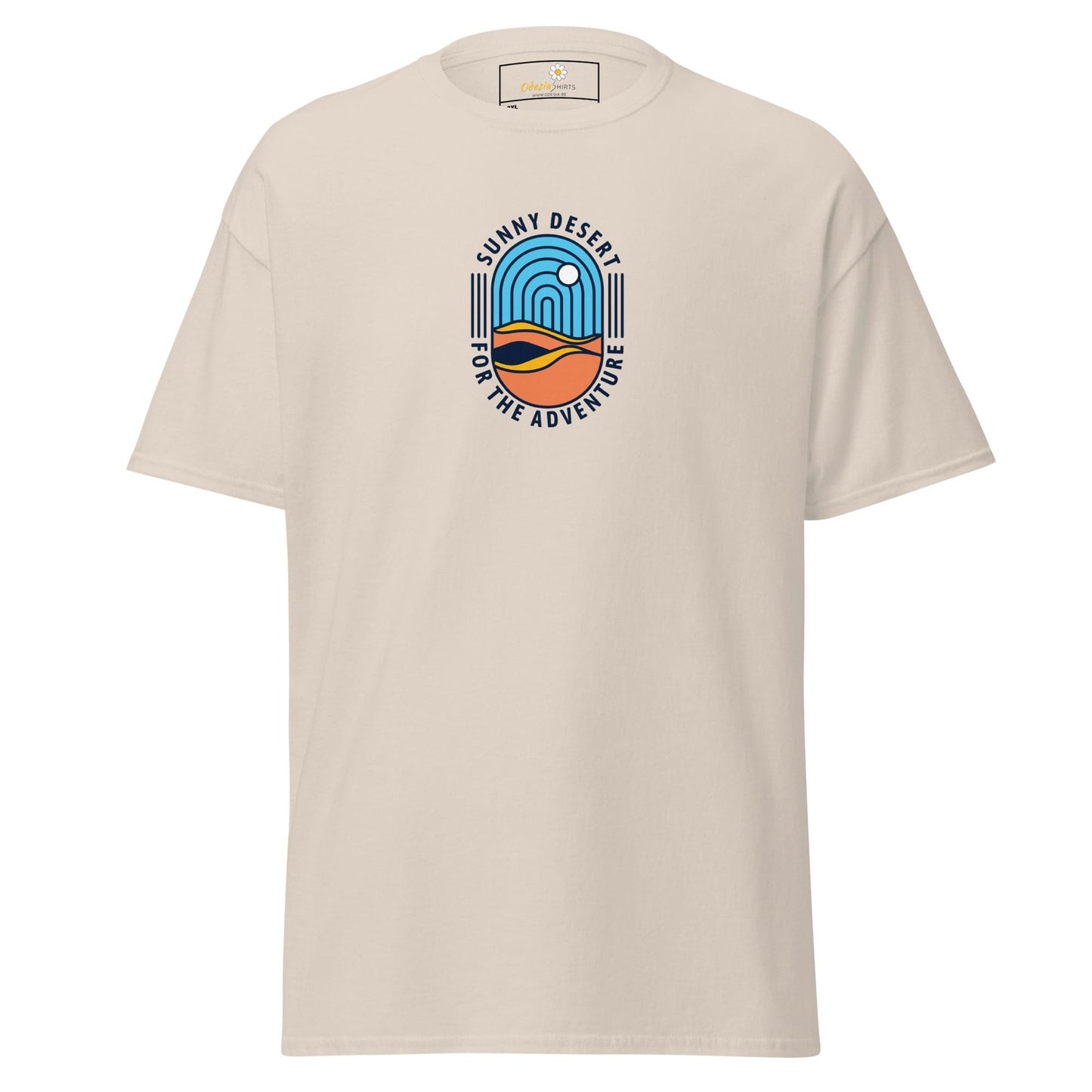 Beige T-shirt featuring a desert graphic, designed for men and women, available in 2XL to 5XL