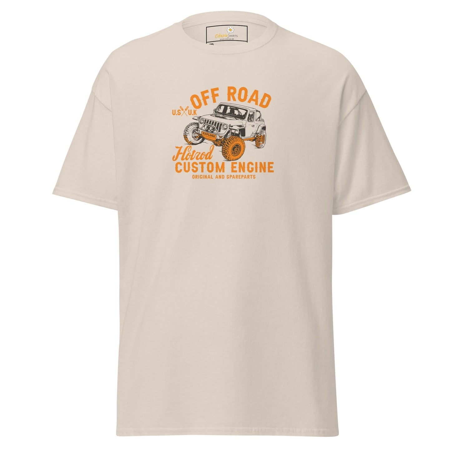 Beige t-shirt with off-road vehicle graphic.