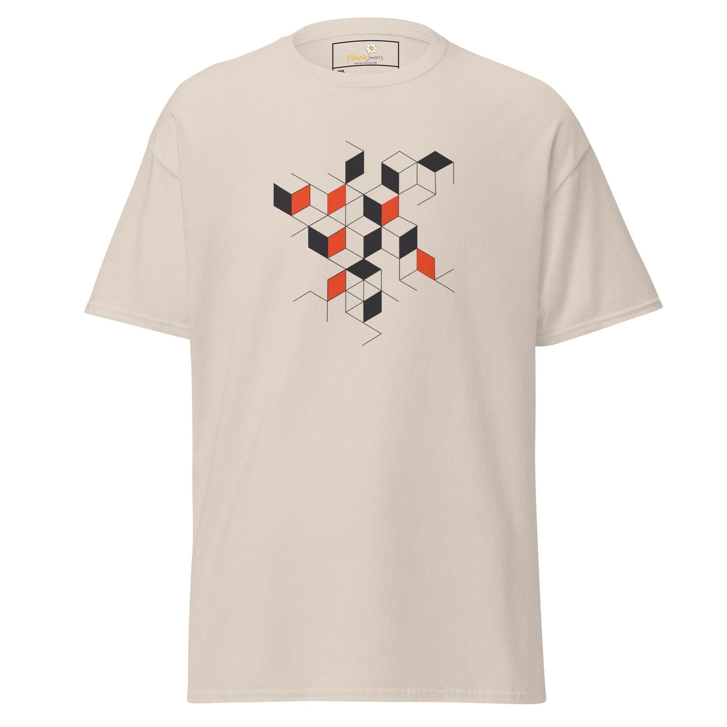 Beige T-shirt with geometric cube design for men and women in 2XL to 5XL sizes