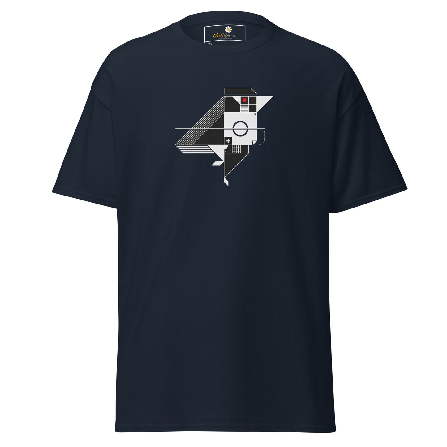Navy blue t-shirt with geometric bird design.