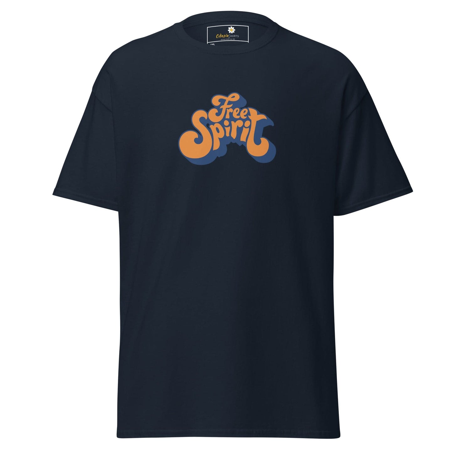 Navy blue T-shirt with Free Spirit graphic, available in men’s and women’s sizes 2XL to 5XL