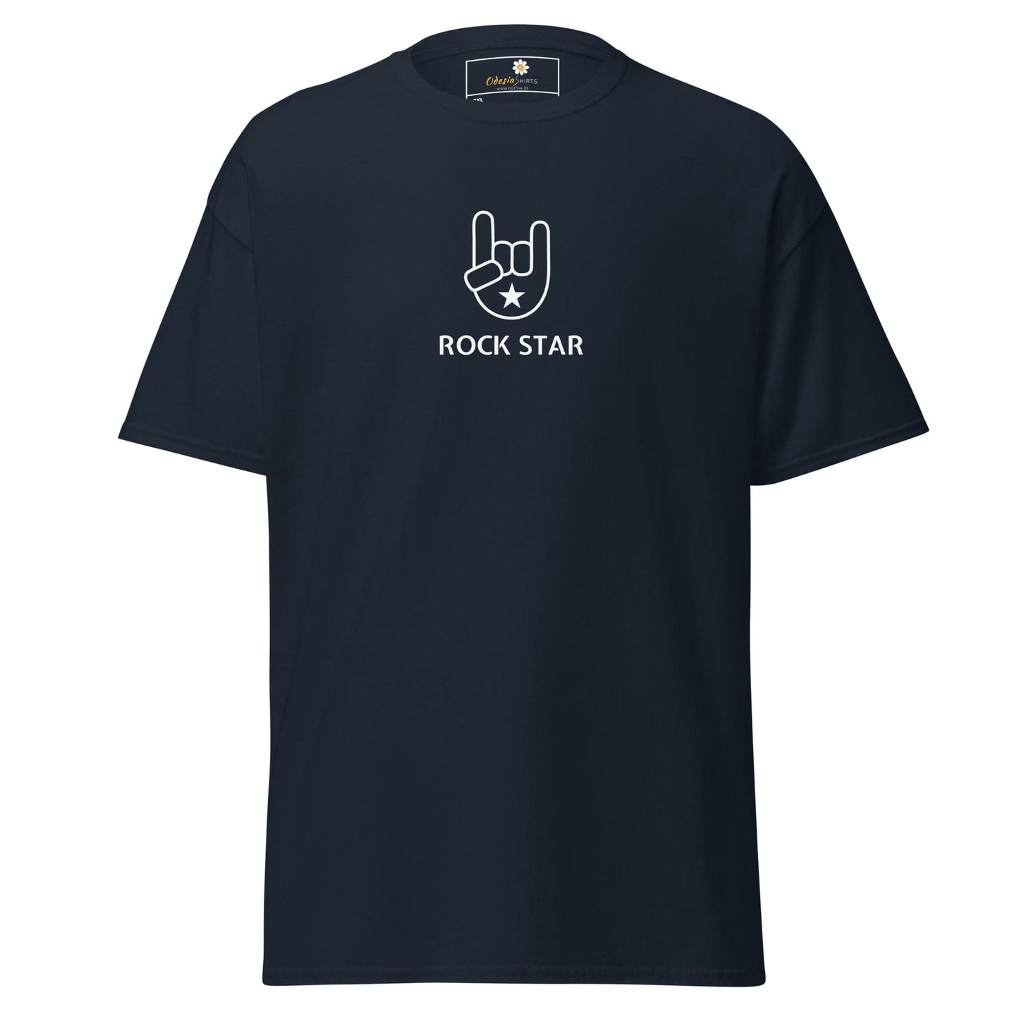 Navy blue t-shirt with ’Rock Star’ graphic.