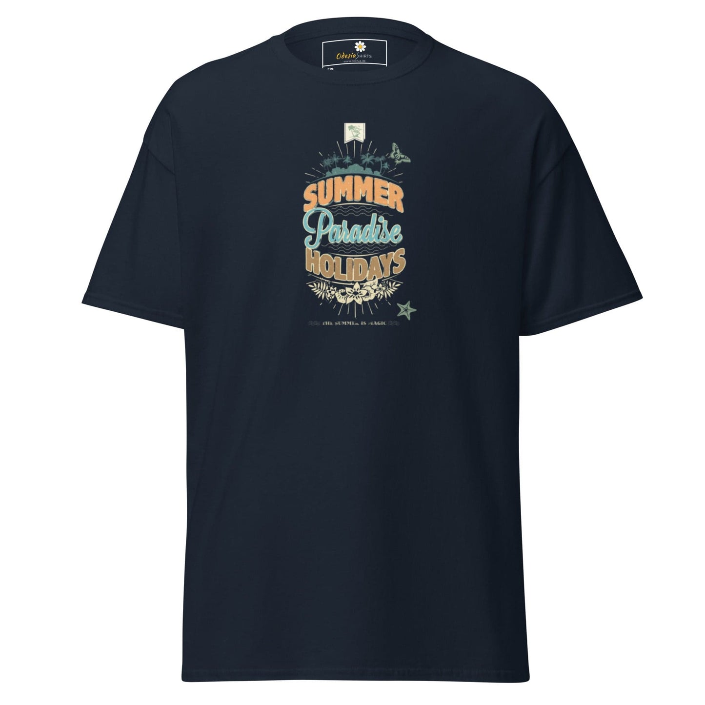 Navy blue t-shirt with summer-themed graphic.