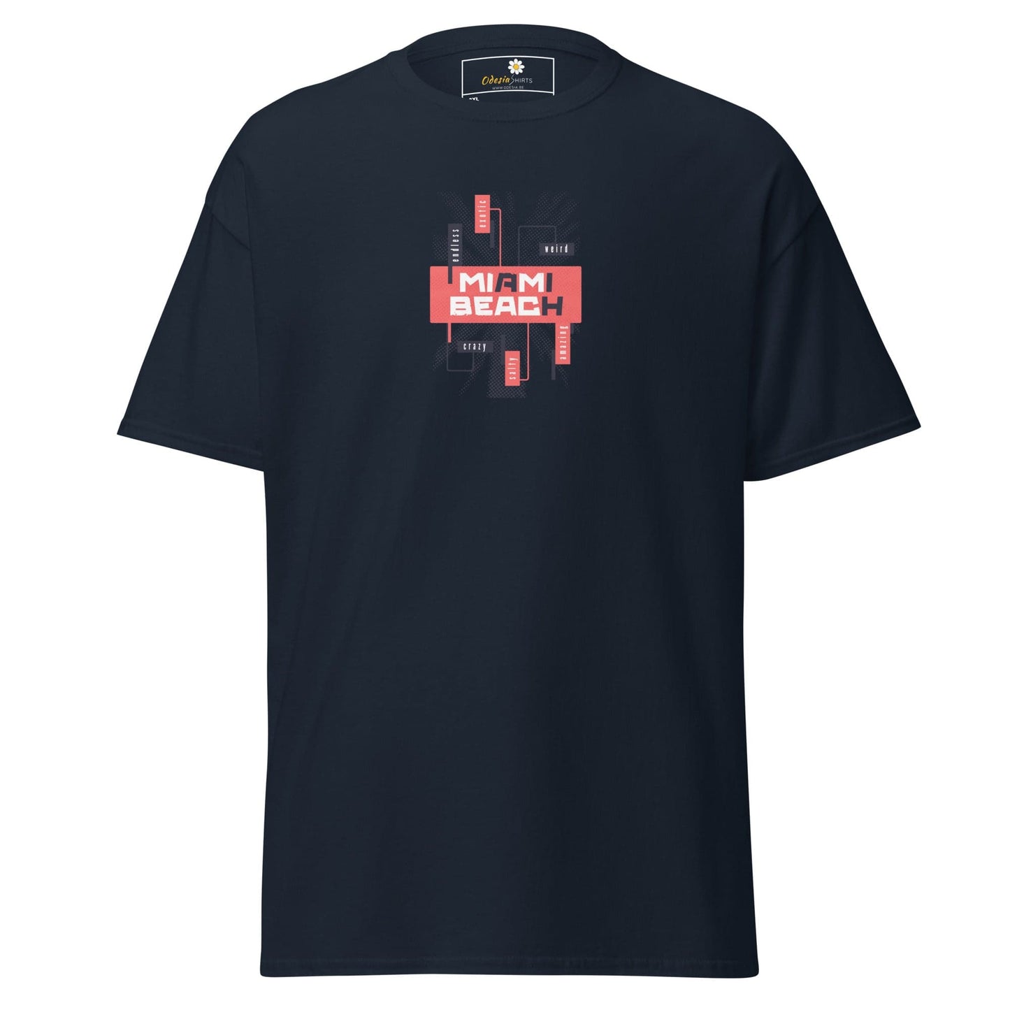 Navy blue T-shirt with Miami Beach graphic, available in men’s and women’s sizes 2XL to 5XL