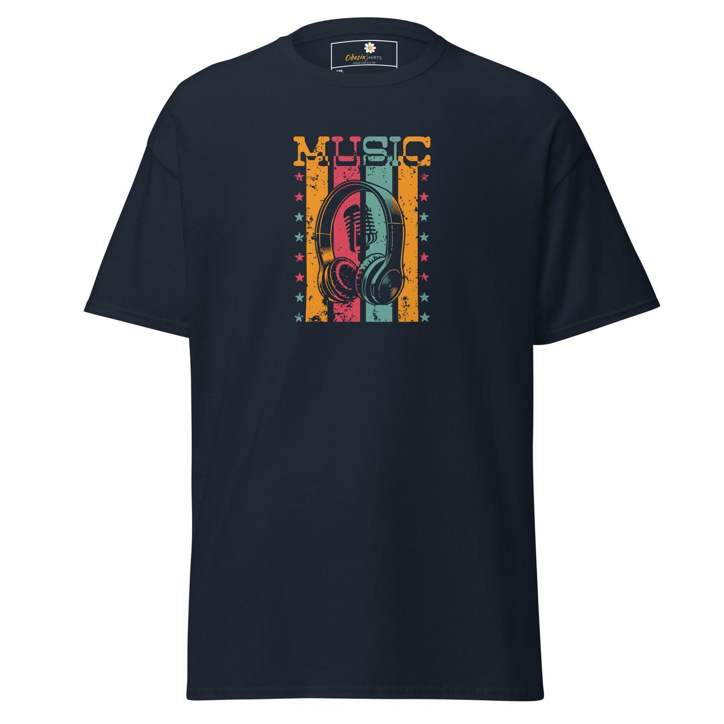 Navy blue T-shirt with music graphic for men and women in sizes 2XL to 5XL