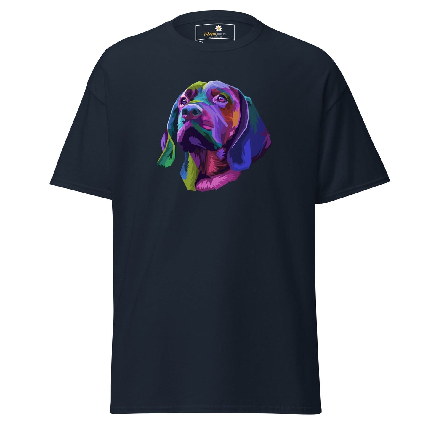 Navy T-shirt with colorful dog graphic for men and women in sizes 2XL to 5XL