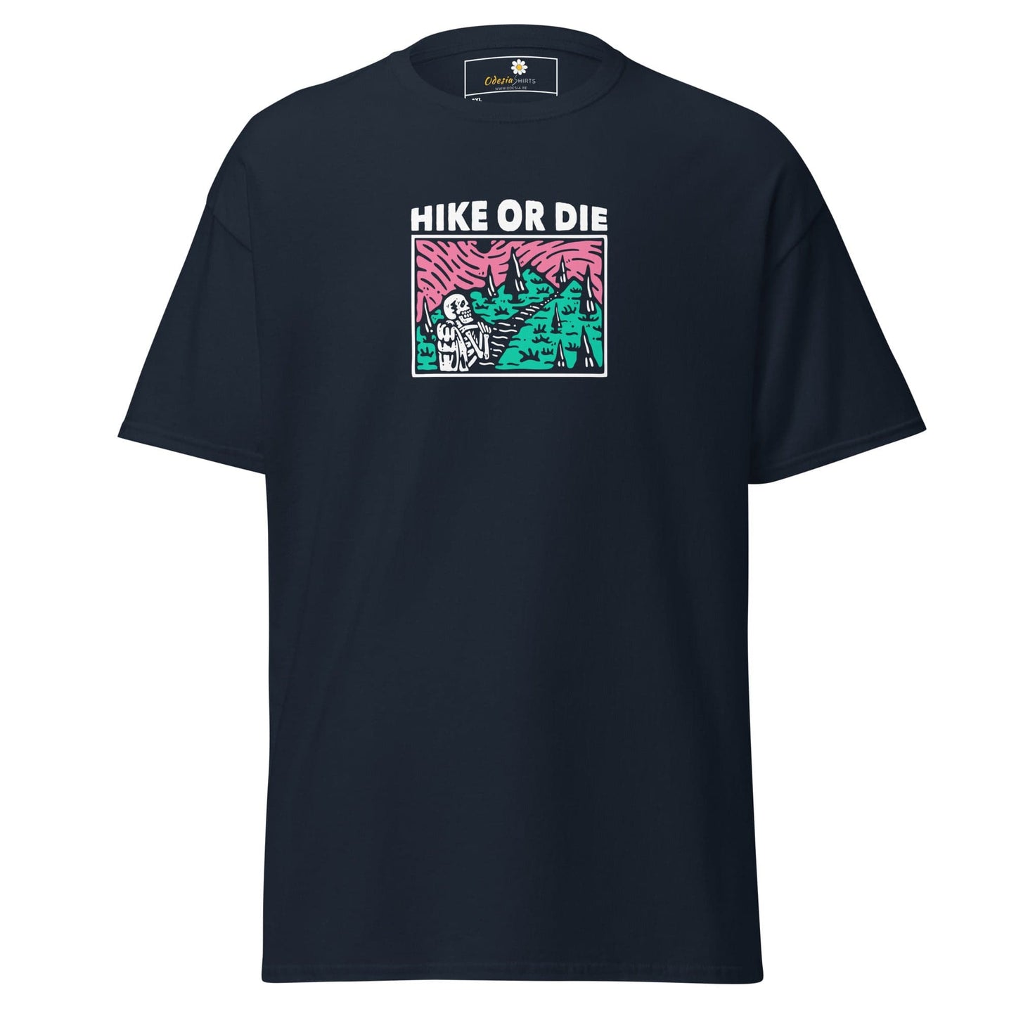 Navy blue t-shirt with graphic.