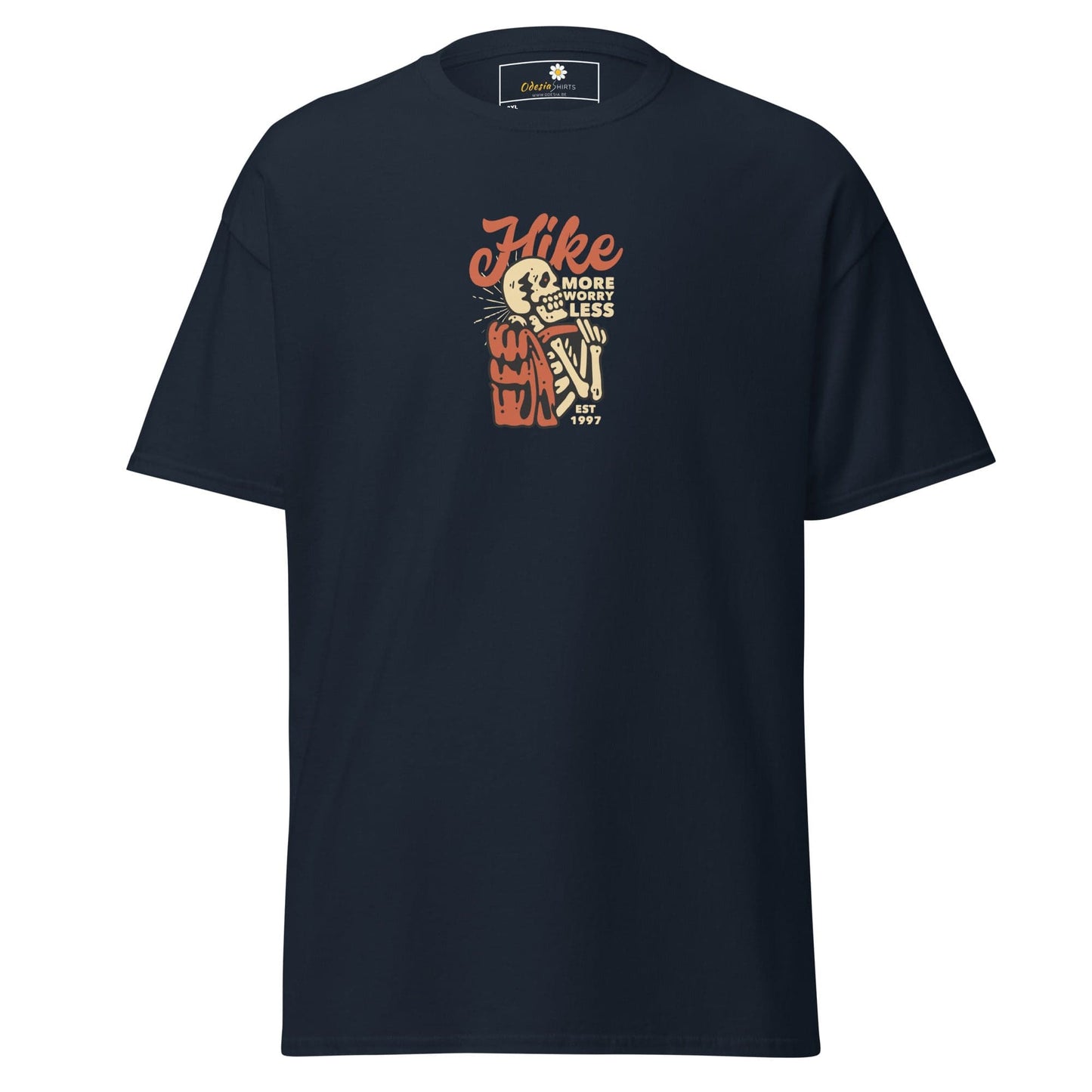 Navy blue t-shirt with skeleton hiker graphic.