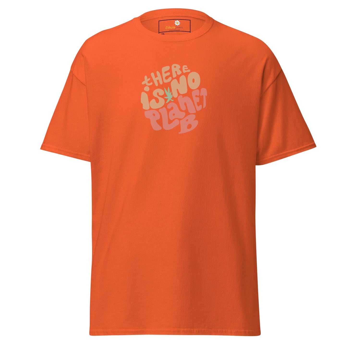 Orange t-shirt with graphic.