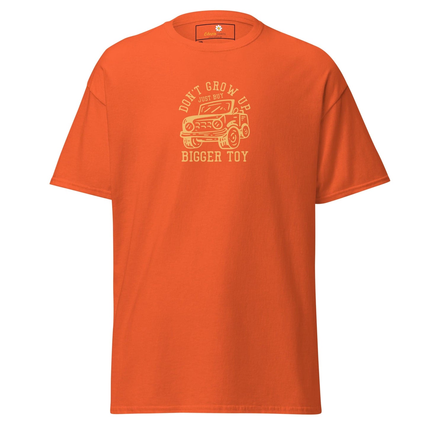 Orange t-shirt with car graphic.
