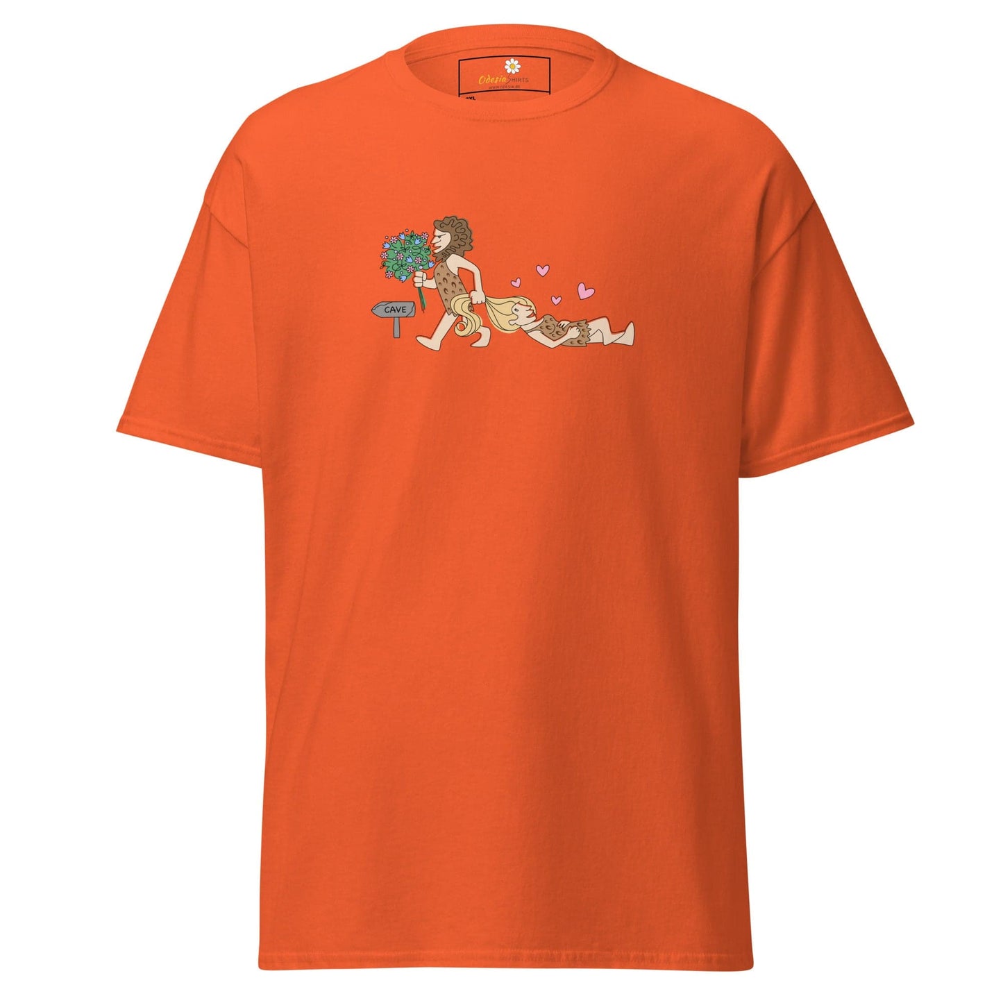 Orange T-shirt with caveman graphic from T-SHIRT DESIGN TEE for Men and Women in 2XL to 5XL