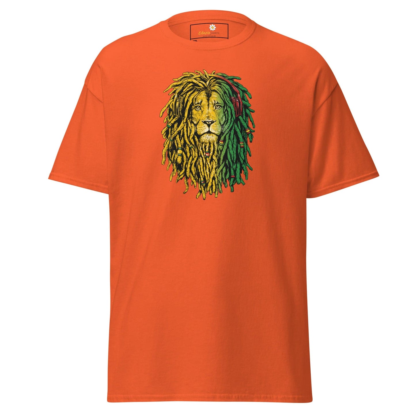 Orange t-shirt with lion graphic.