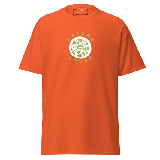 Orange t-shirt with nature-themed graphic.