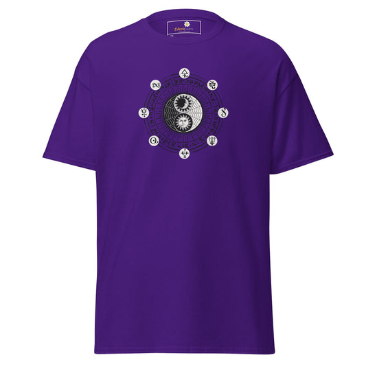 Purple t-shirt with yin-yang design.