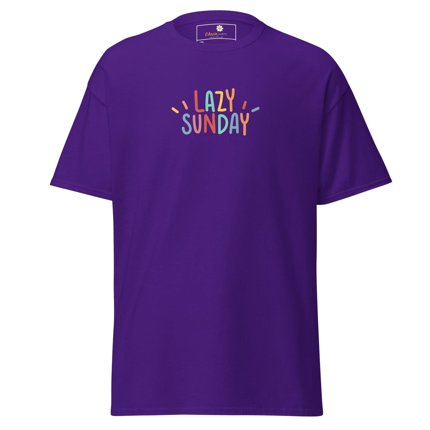 Purple t-shirt with ’Lazy Sunday’ text.