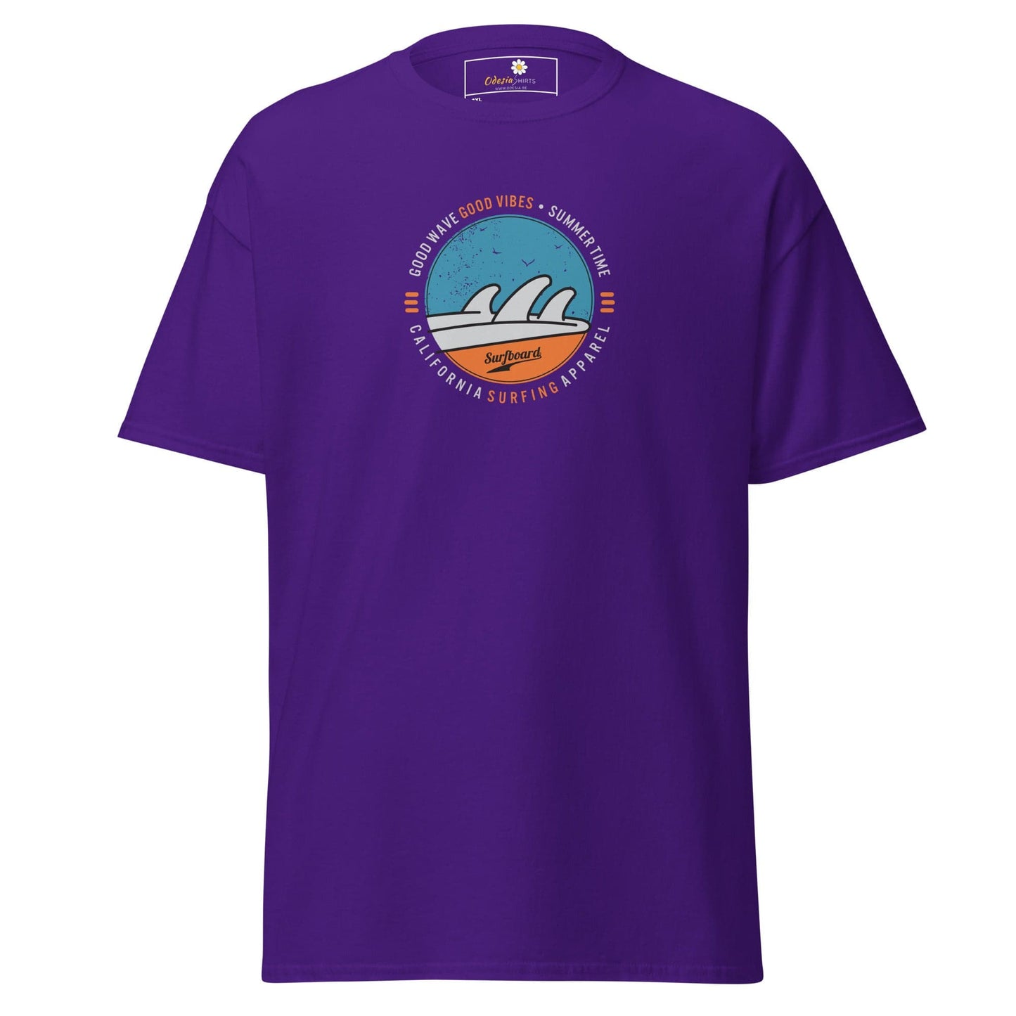 Purple t-shirt with surfing graphic.
