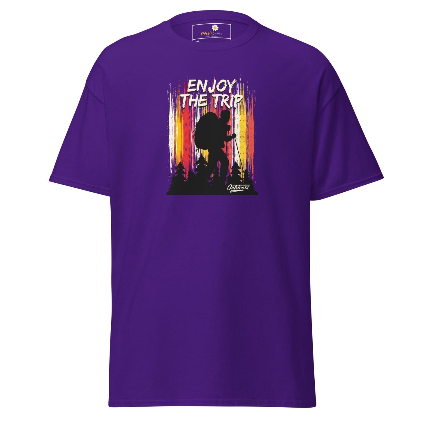 Purple t-shirt with hiker graphic.