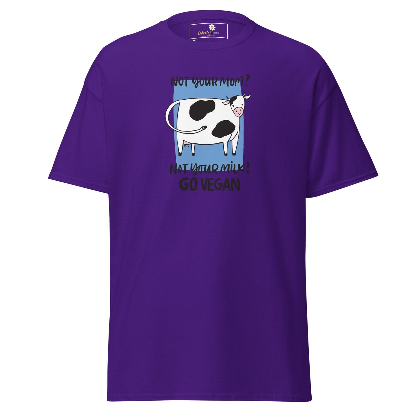Purple t-shirt with a cow graphic.