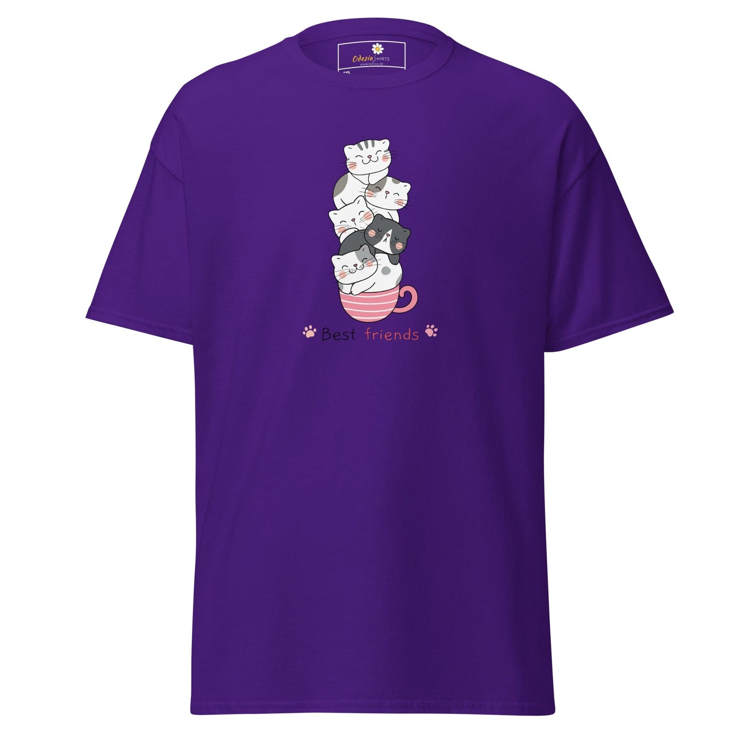 Purple T-Shirt with stacked cats in a teacup design for Men and Women, available in 2XL to 5XL