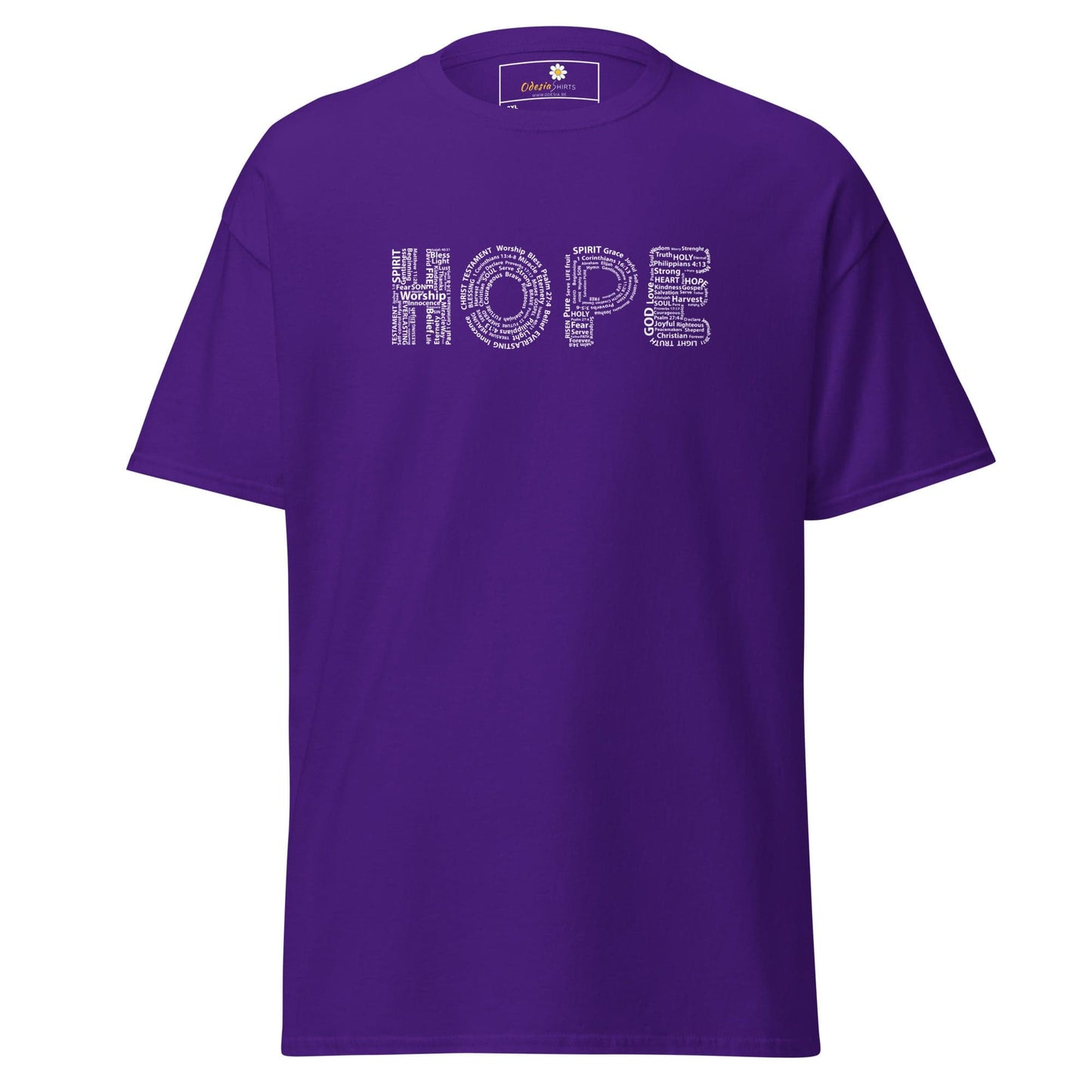 Purple t-shirt with ’HOPE’ text.