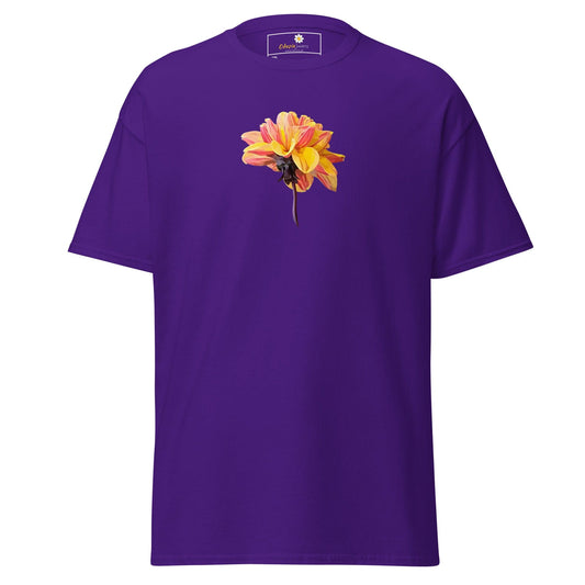 Purple t-shirt with flower graphic.