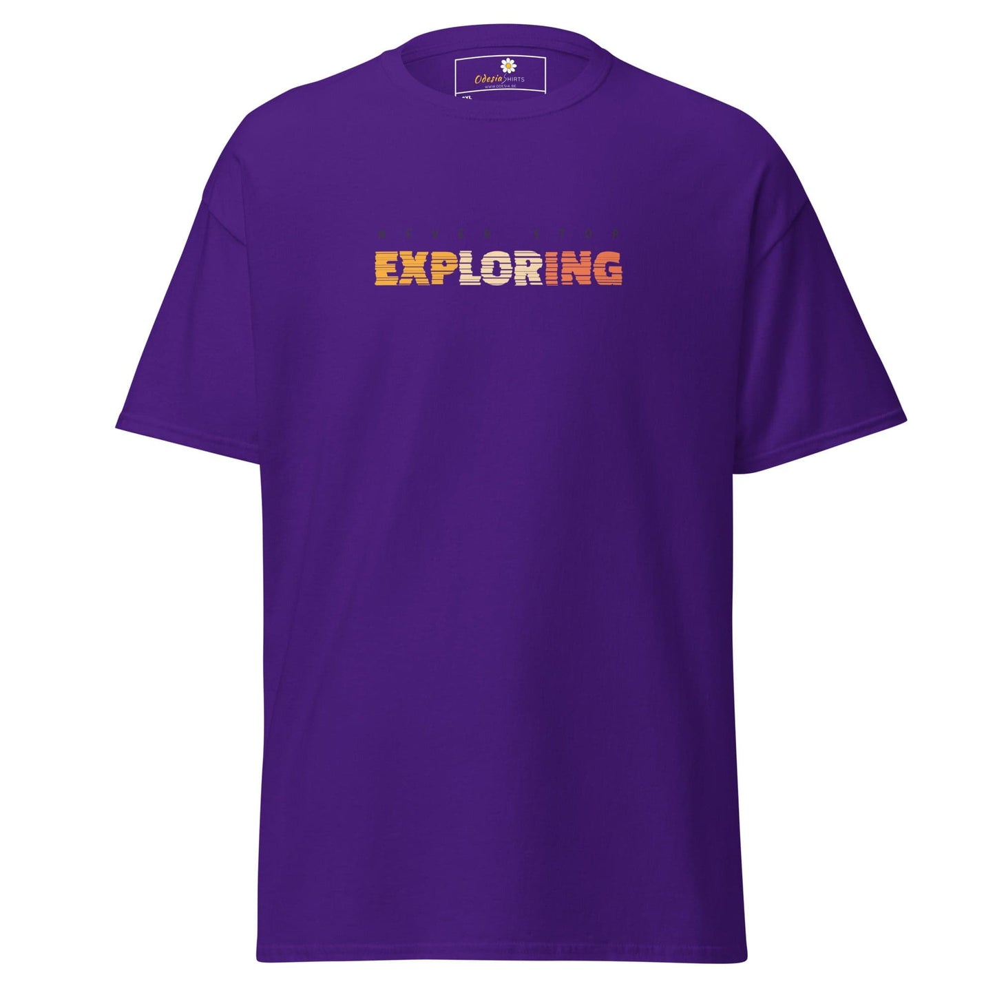 Purple T-shirt with Exploring text from T-SHIRT DESIGN TEE for Men and Women in Plus Sizes