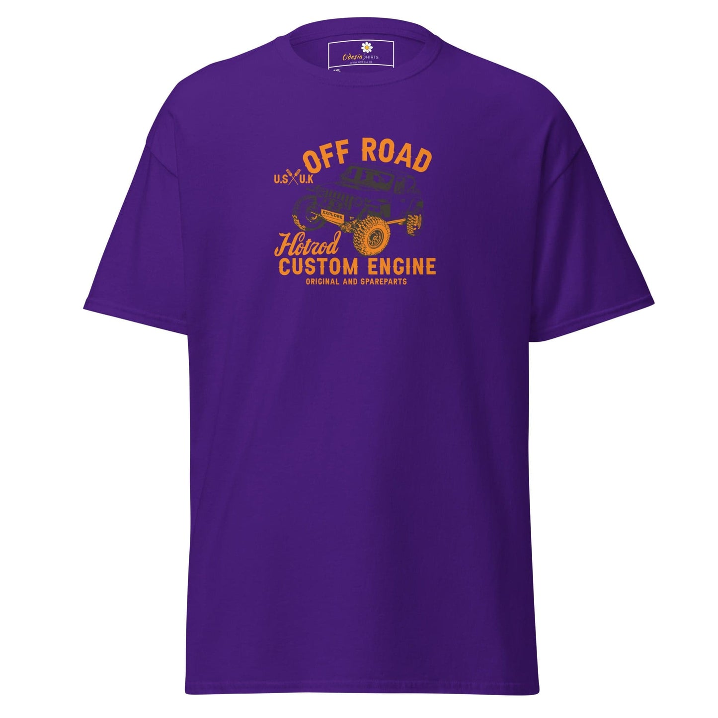 Purple t-shirt with off-road vehicle graphic.