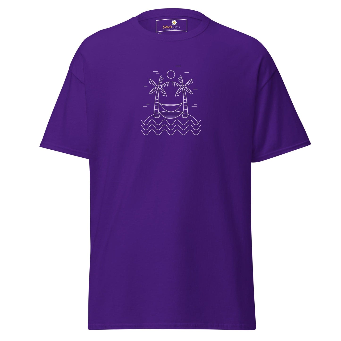 Purple T-shirt featuring beach scene graphic for men and women in 2XL to 5XL sizes
