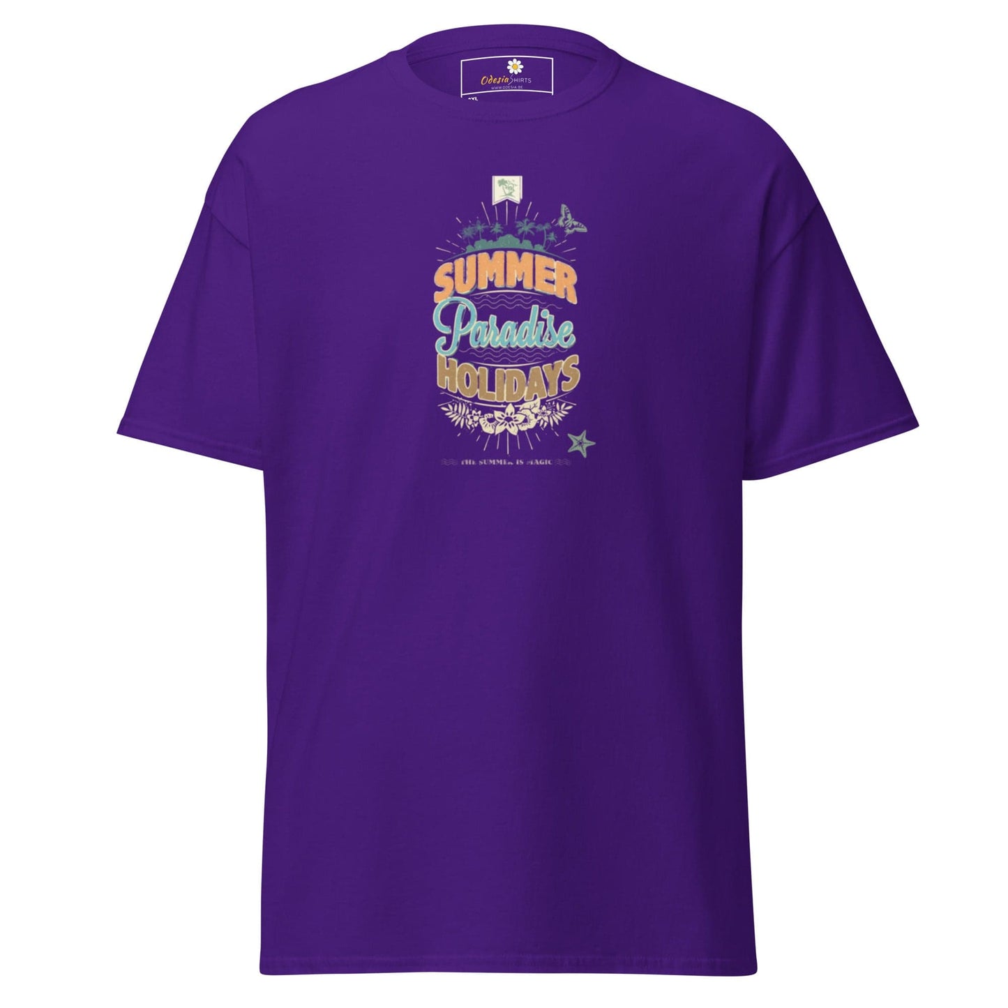 Purple t-shirt with ’Summer Paradise Holidays’ graphic.