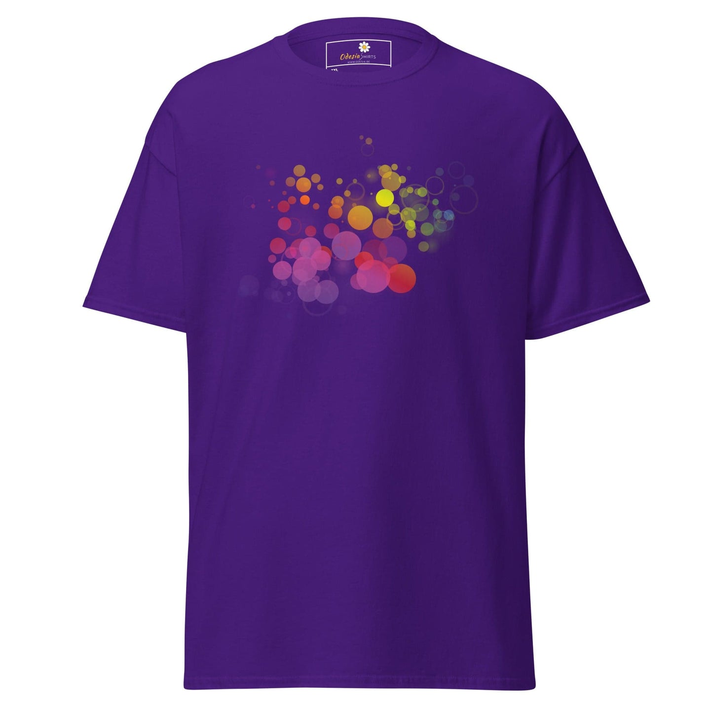 Purple T-shirt with colorful circle design for Men and Women in sizes 2XL to 5XL