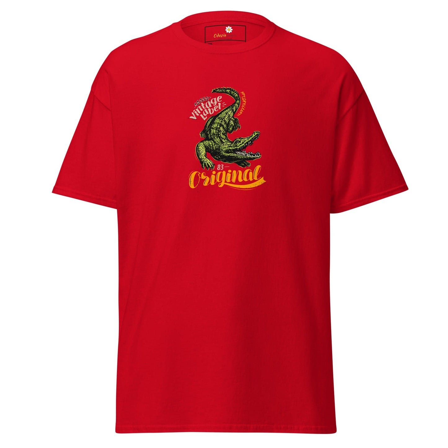 Red t-shirt with crocodile graphic.