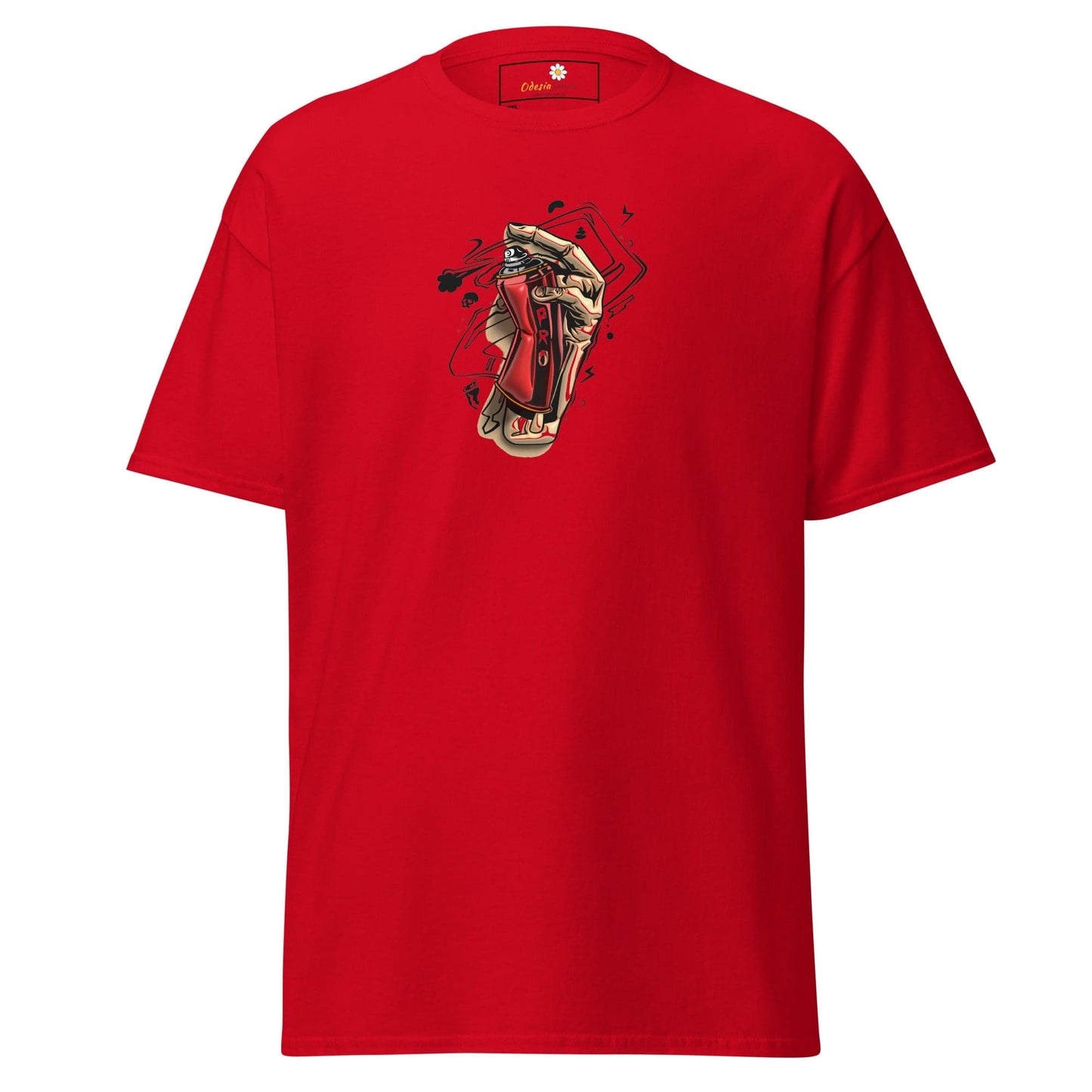Red graphic t-shirt.