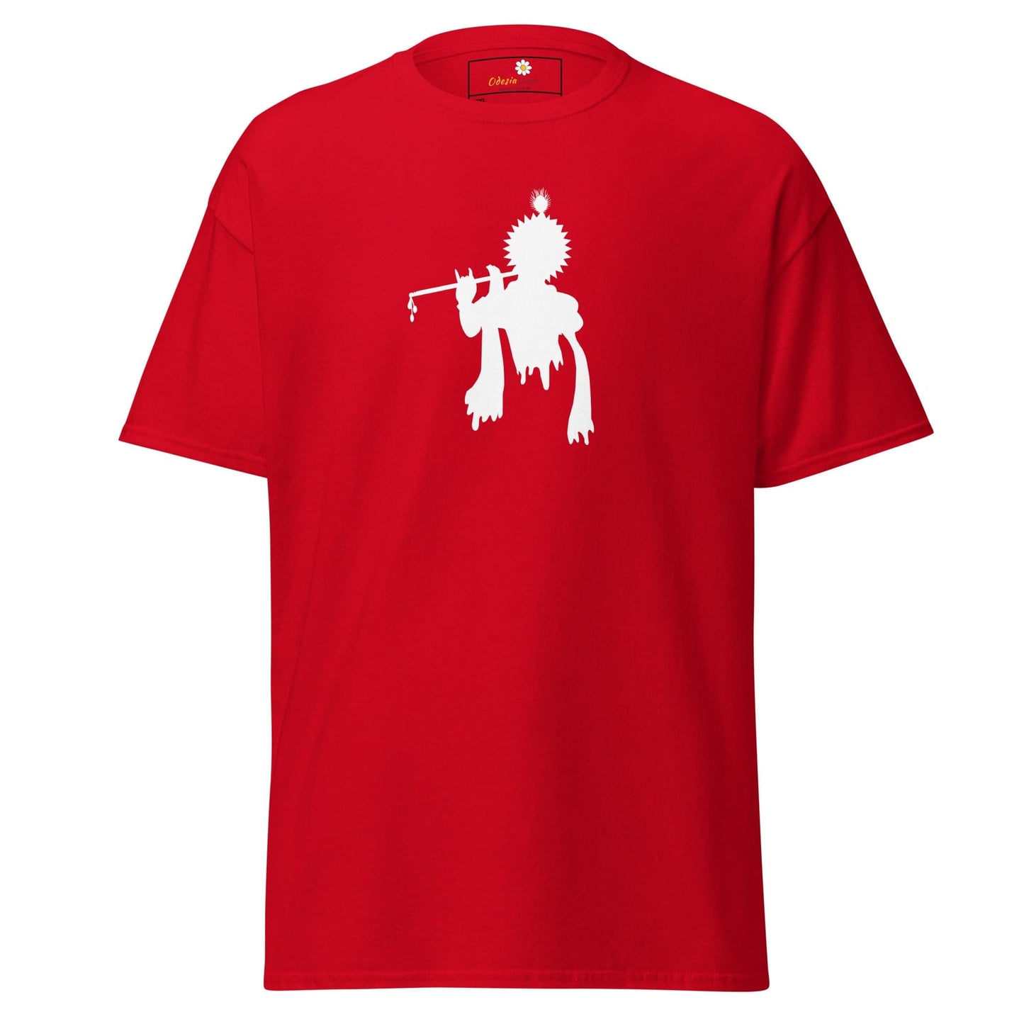 Red T-shirt with white Krishna graphic, suitable for men and women, sizes 2XL to 5XL