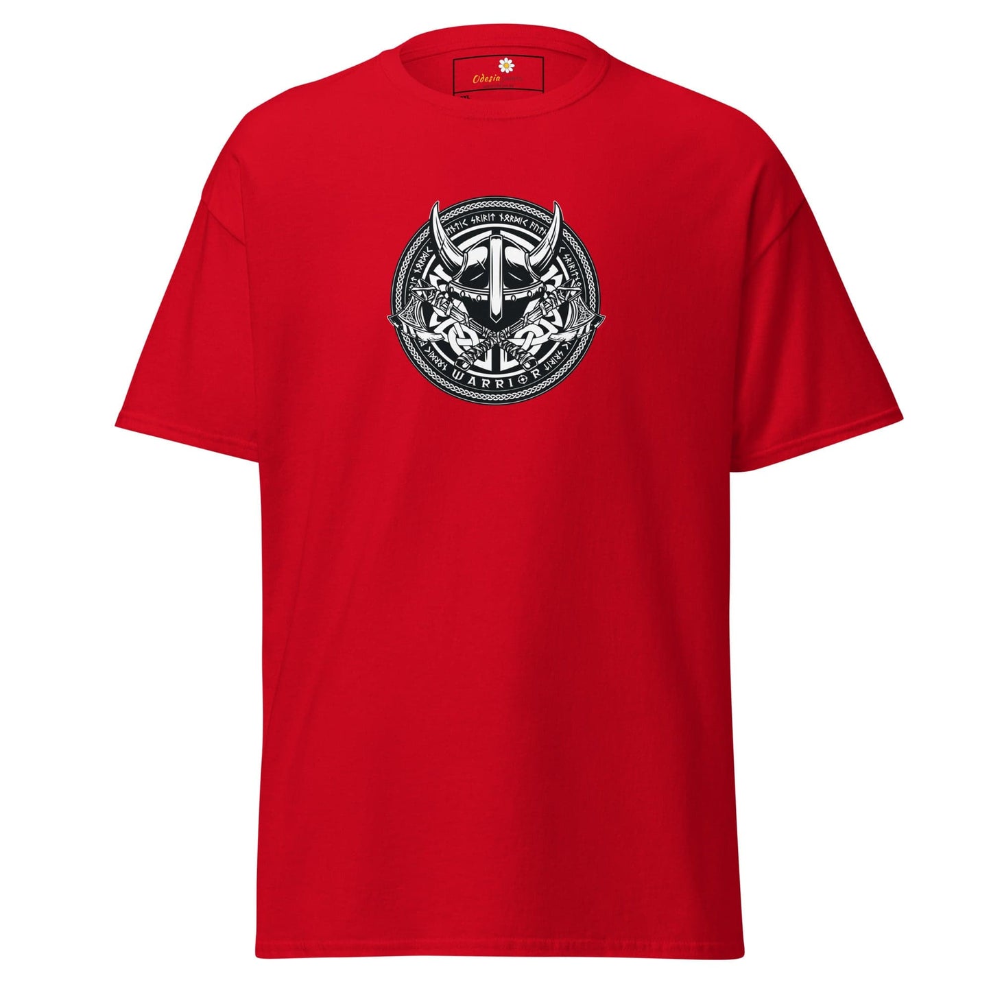 Red t-shirt with Viking warrior graphic.
