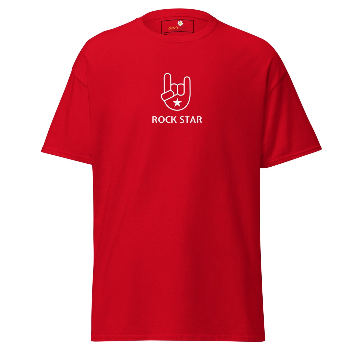 Red t-shirt with rock star graphic.