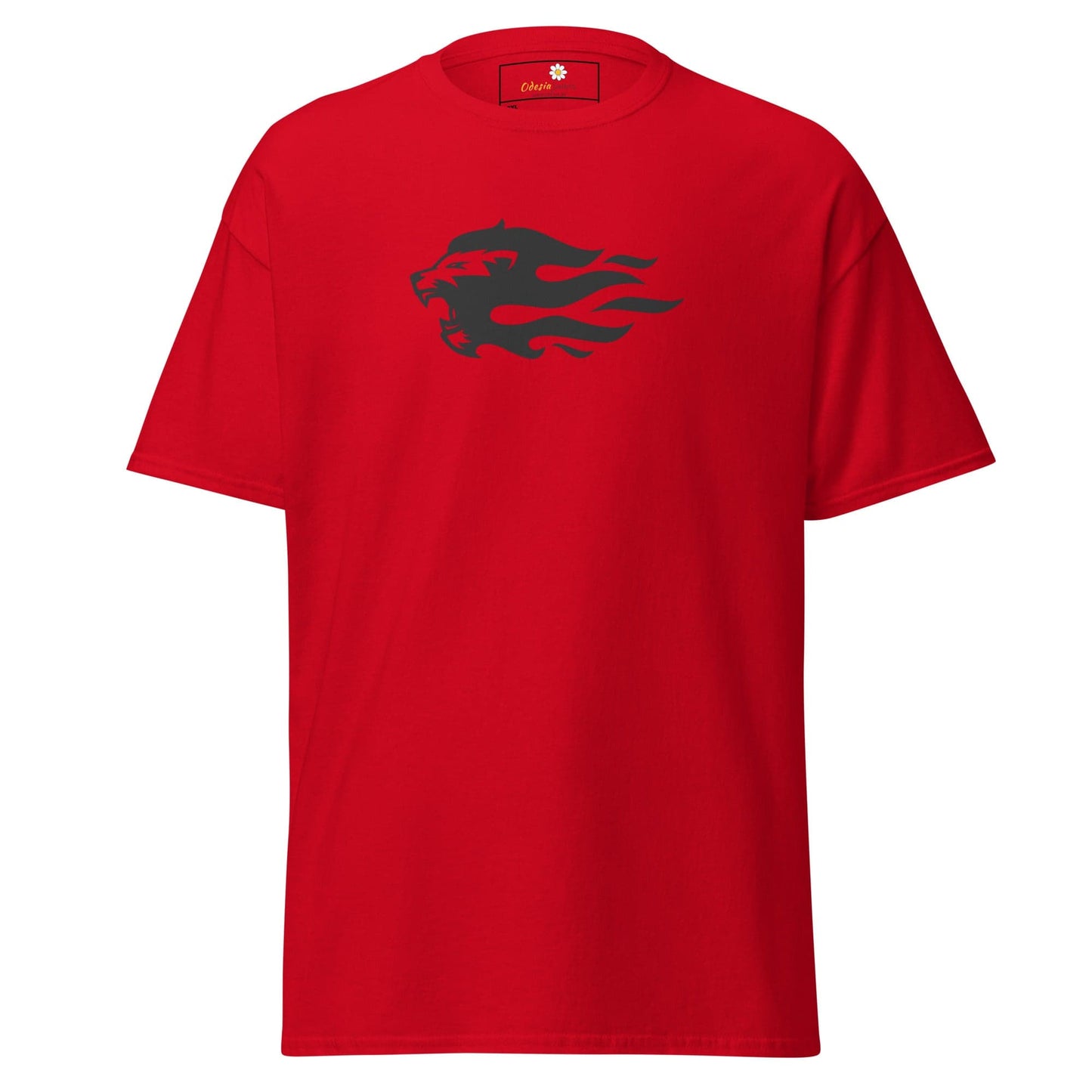 Red T-shirt with a lion graphic from T-SHIRT DESIGN TEE for men and women in 2XL to 5XL