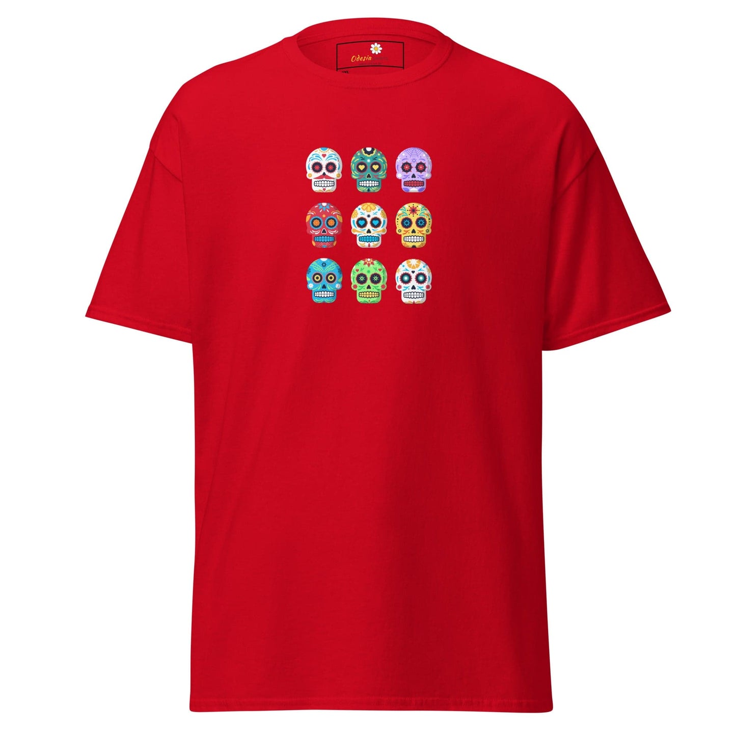 Red T-shirt with vibrant skull design for men and women in sizes 2XL to 5XL
