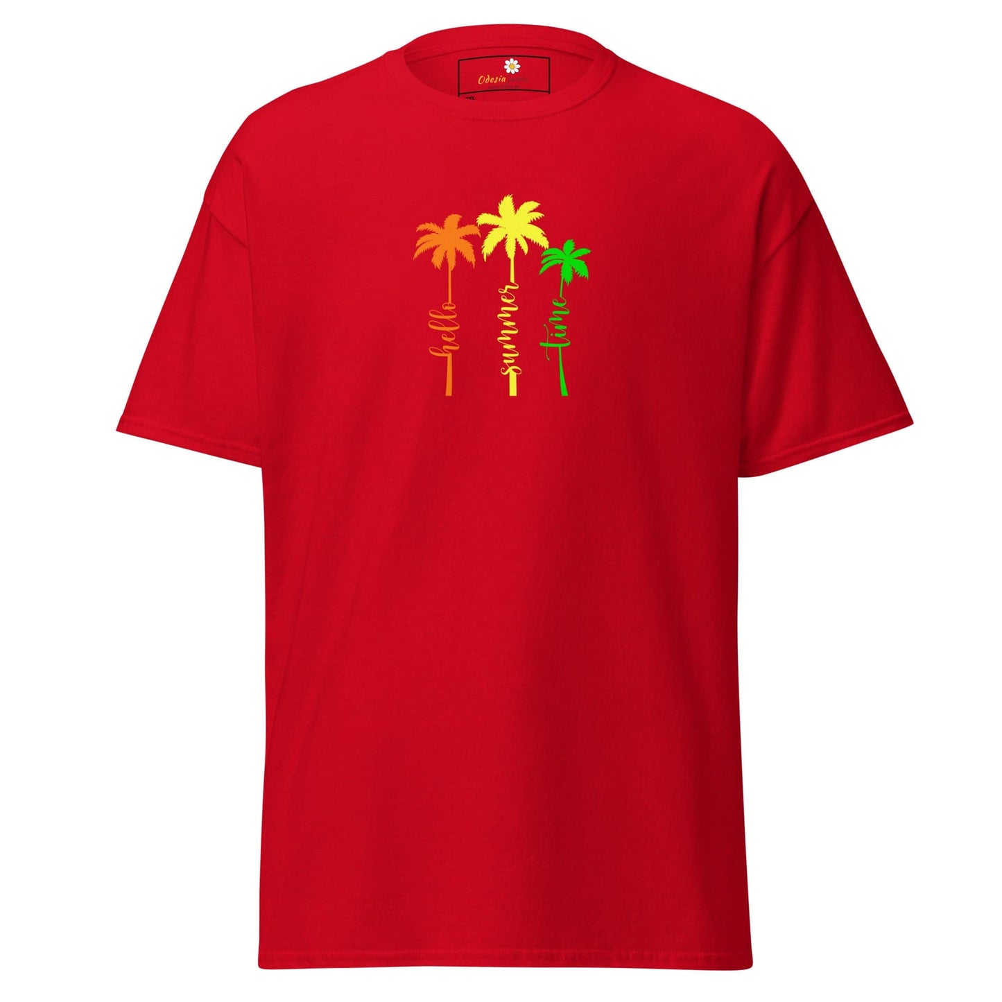 Red t-shirt with palm tree design.