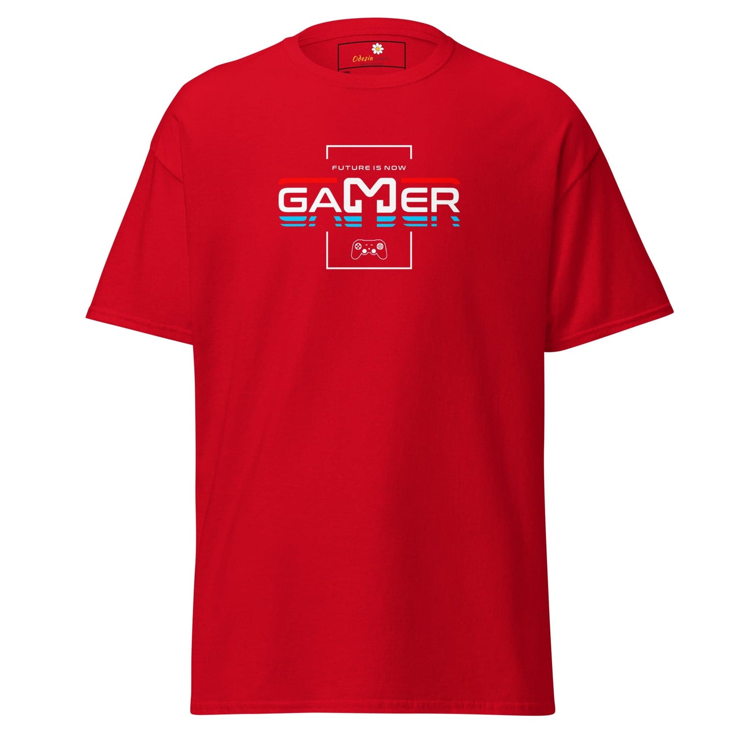 Red t-shirt with ’Gamer’ graphic.