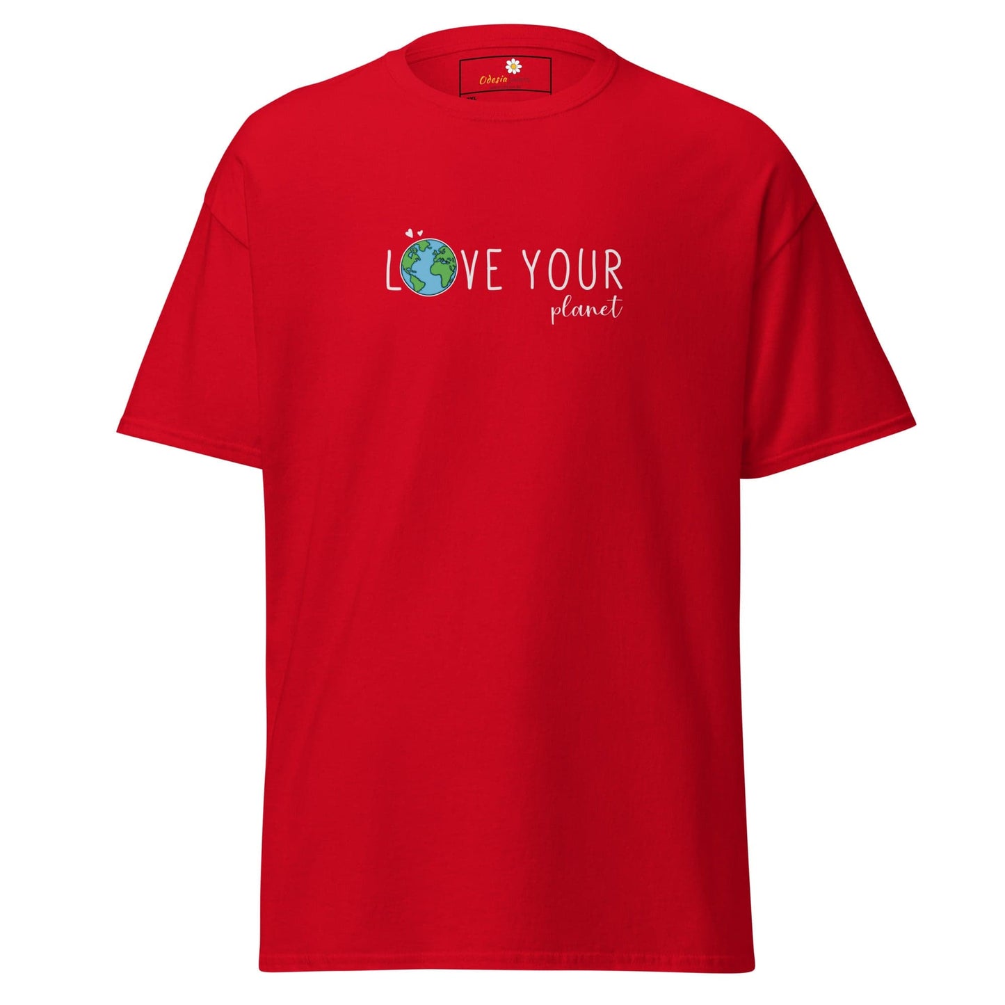 Red t-shirt with ’Love Your Planet’ graphic.