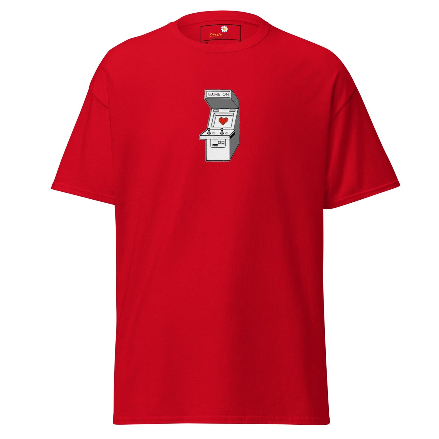 Red T-shirt with arcade game graphic for men and women, available in 2XL to 5XL sizes
