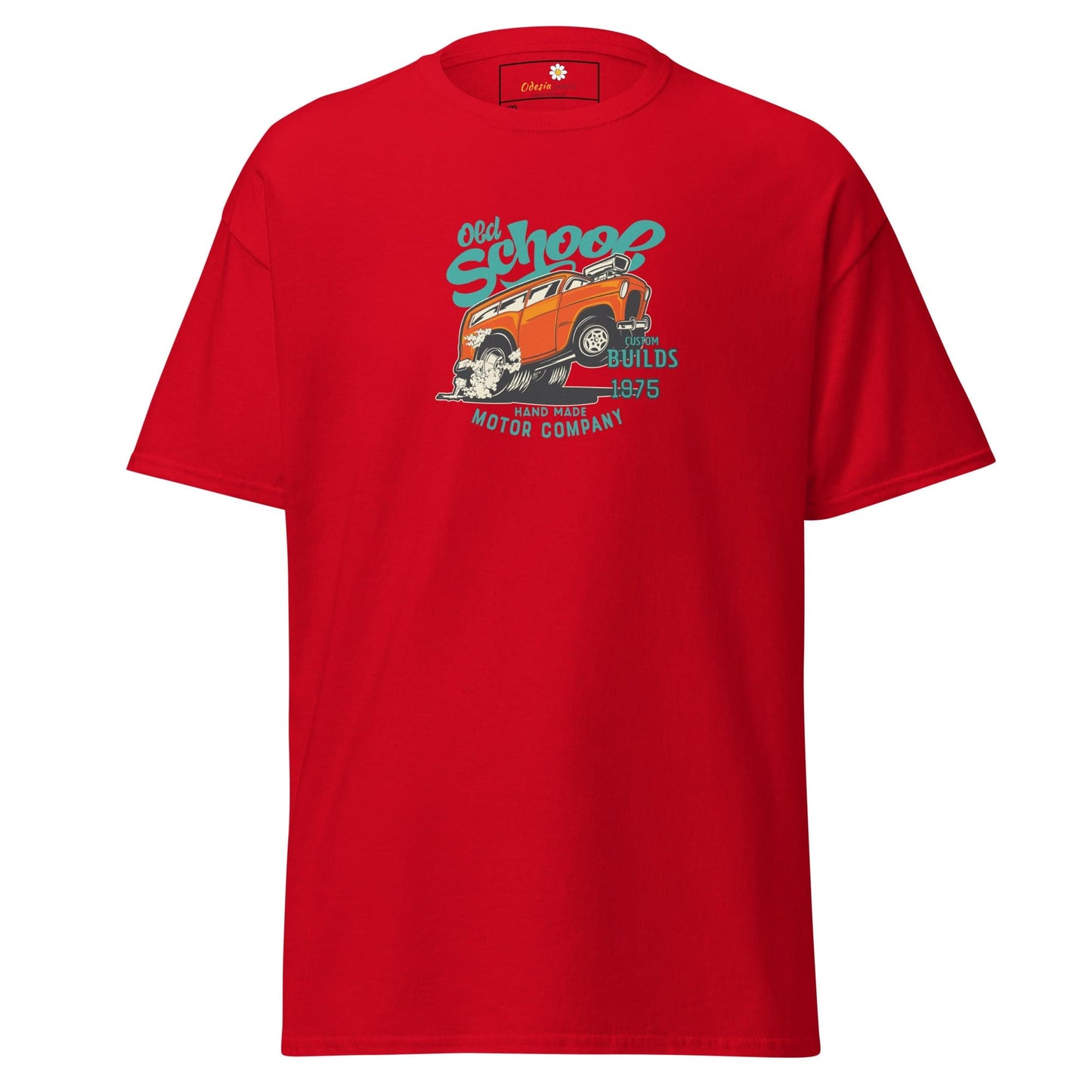 Red t-shirt with car graphic.