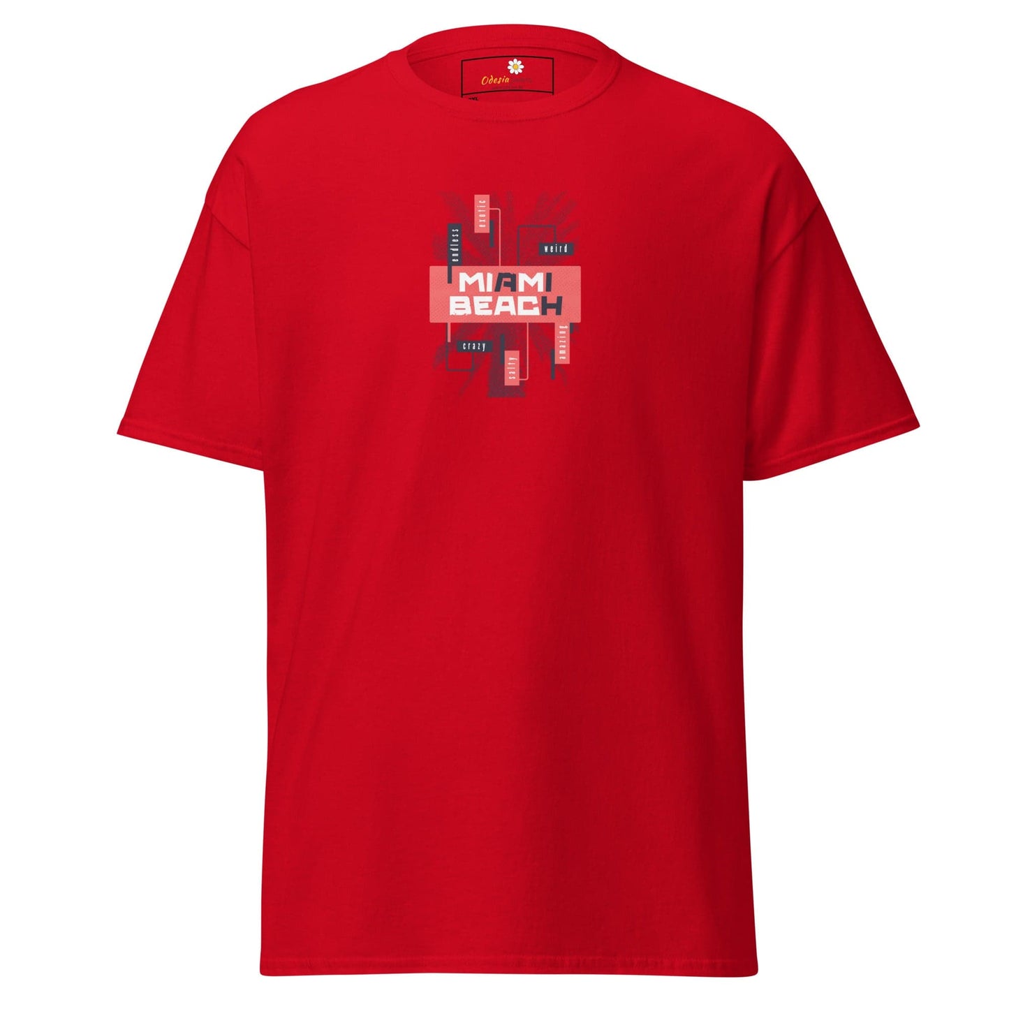 Red t-shirt with Miami Beach graphic for men and women in sizes 2XL to 5XL
