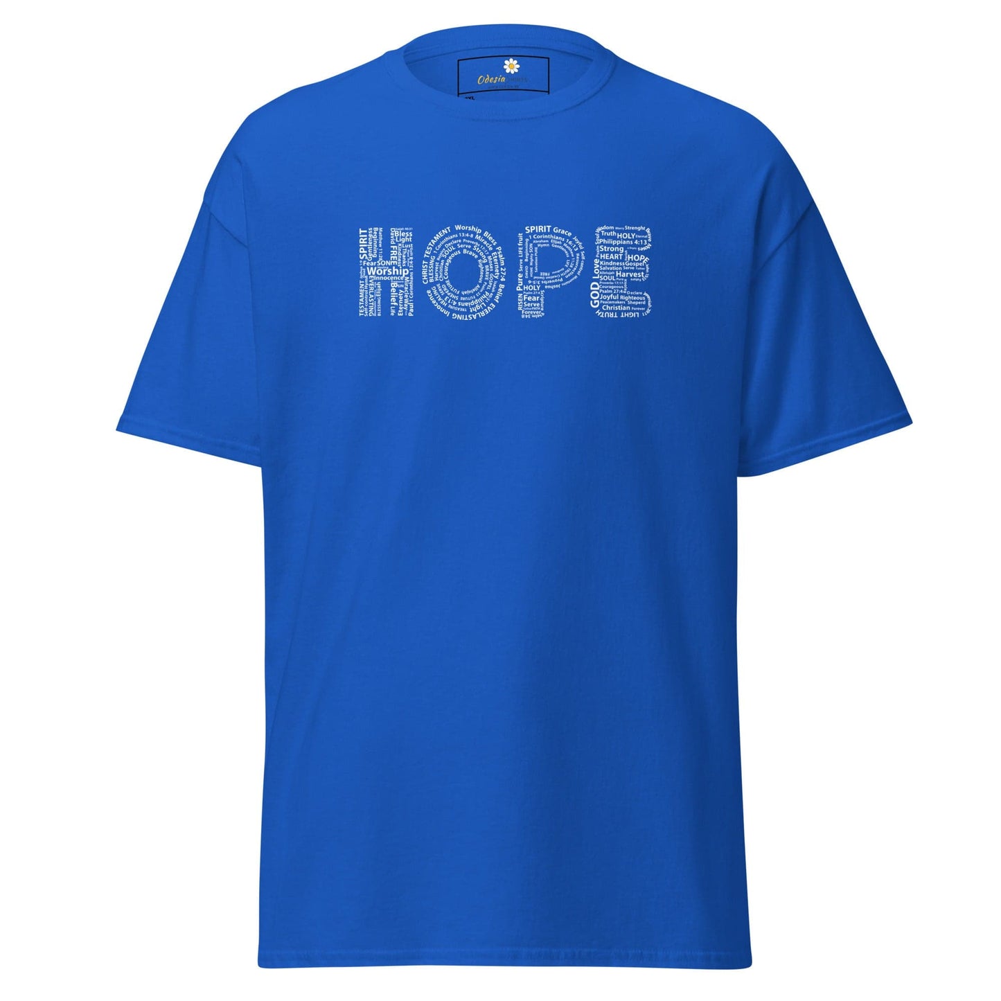Blue t-shirt with ’HOPE’ text.