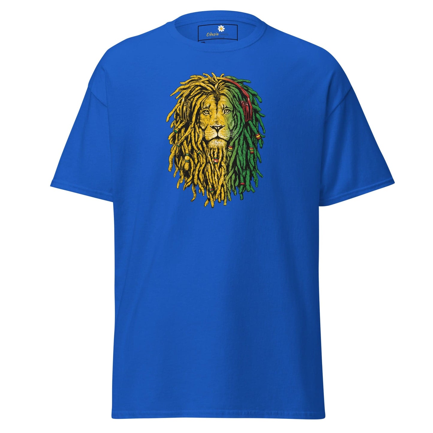 Blue t-shirt with lion graphic.