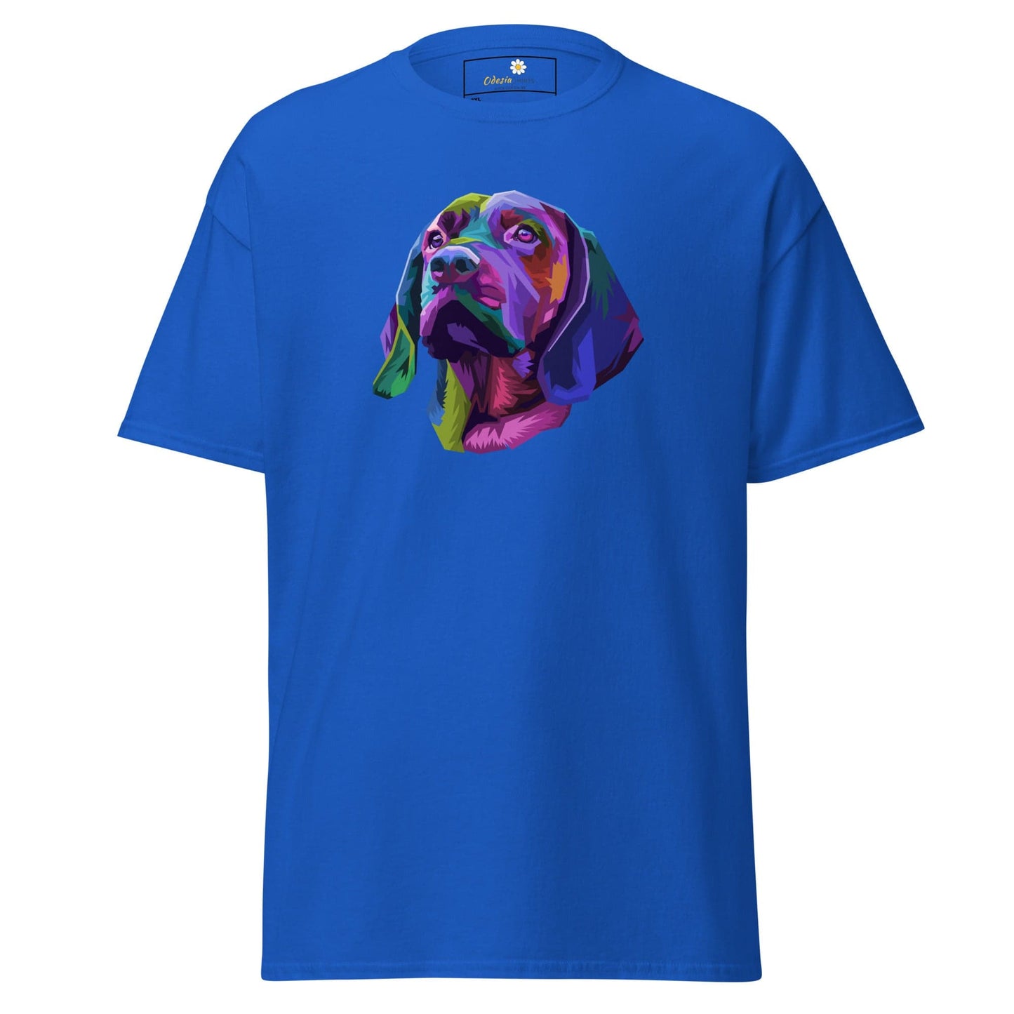 Blue T-shirt with colorful dog graphic from T-SHIRT DESIGN TEE for Men and Women