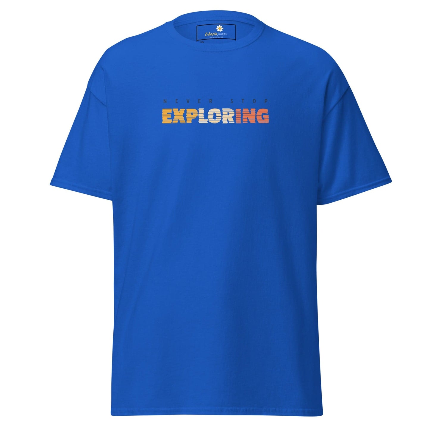Blue T-shirt featuring exploring text, suitable for Men and Women in larger sizes