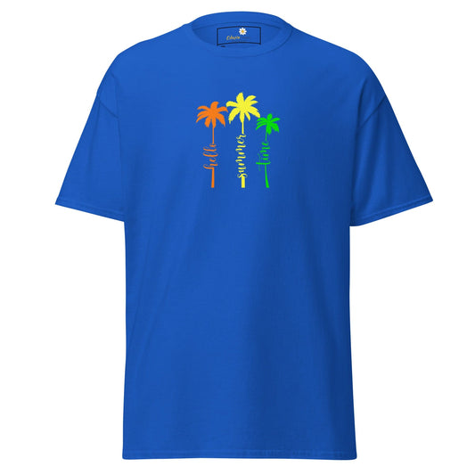 Blue t-shirt with palm tree design.